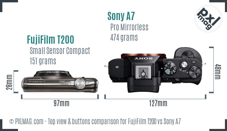 FujiFilm T200 vs Sony A7 top view buttons comparison