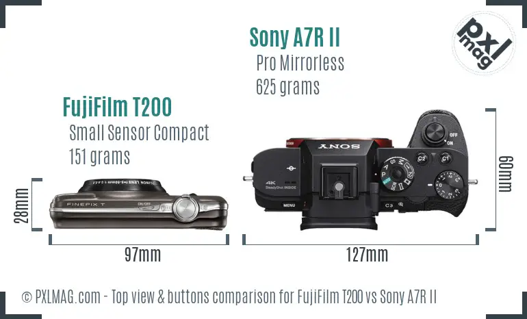 FujiFilm T200 vs Sony A7R II top view buttons comparison