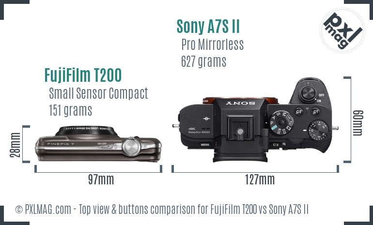 FujiFilm T200 vs Sony A7S II top view buttons comparison