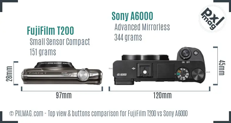 FujiFilm T200 vs Sony A6000 top view buttons comparison FujiFilm T200 vs Sony A6000 top view buttons comparison