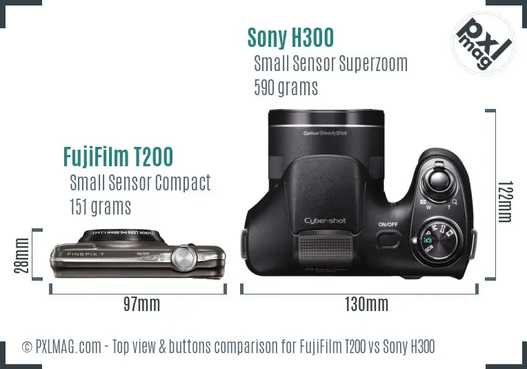 FujiFilm T200 vs Sony H300 top view buttons comparison