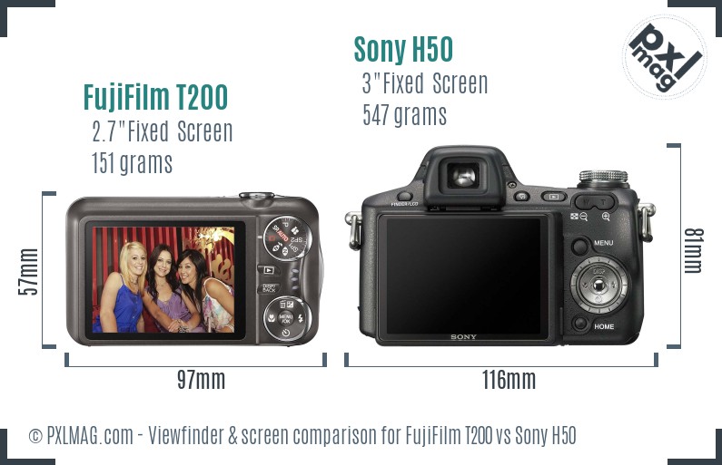 FujiFilm T200 vs Sony H50 Screen and Viewfinder comparison