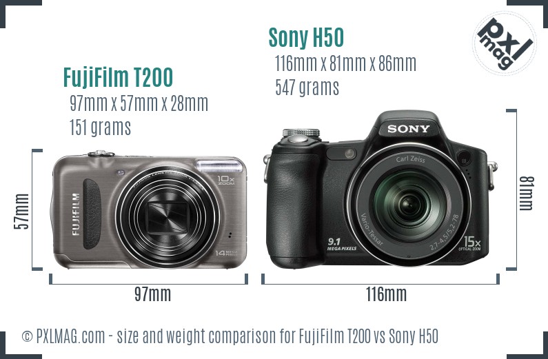 FujiFilm T200 vs Sony H50 size comparison