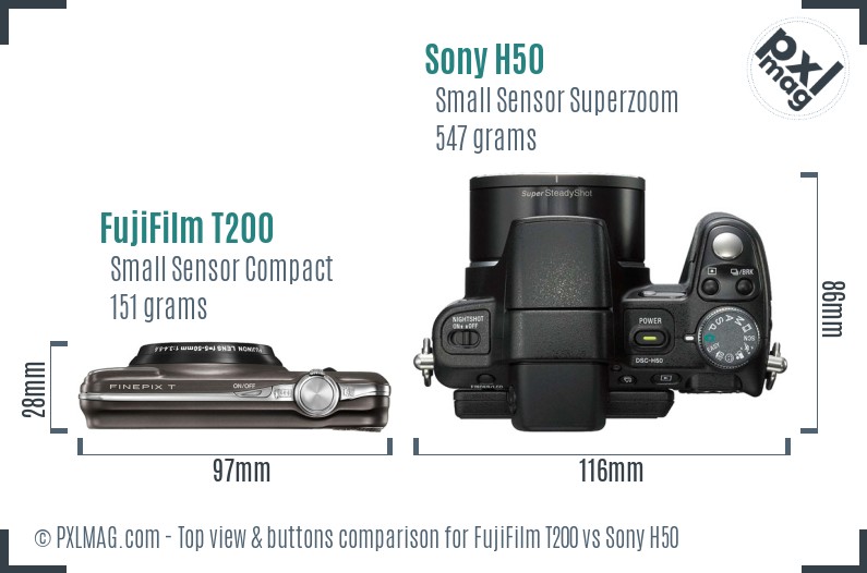 FujiFilm T200 vs Sony H50 top view buttons comparison