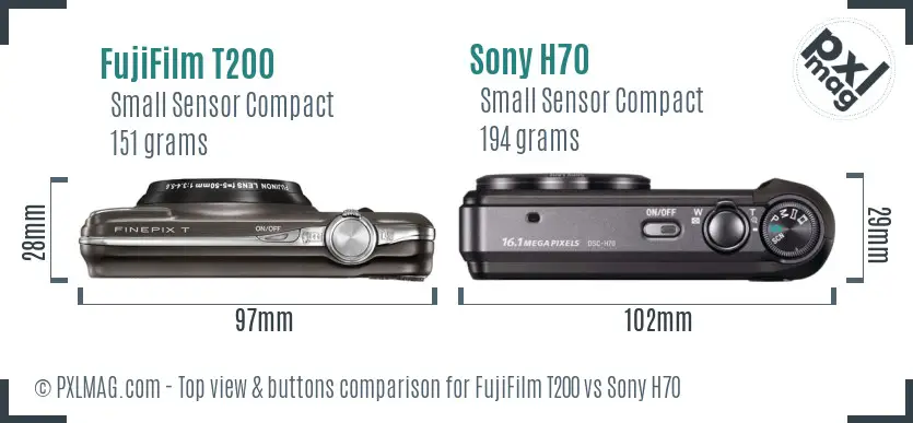 FujiFilm T200 vs Sony H70 top view buttons comparison
