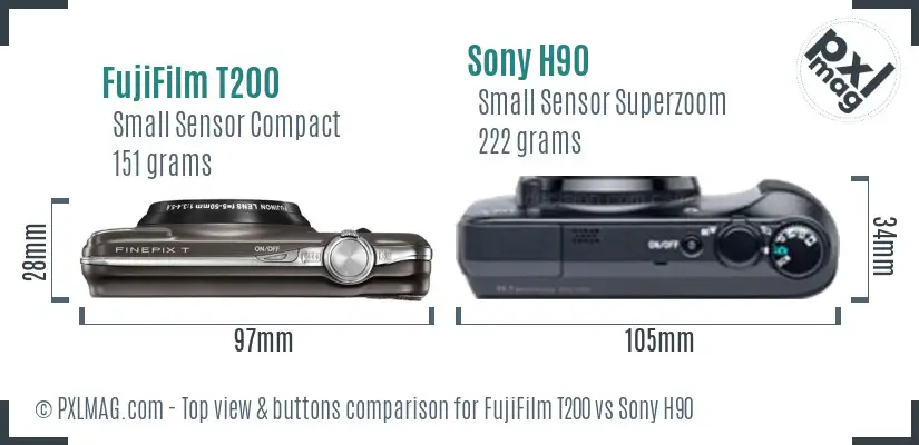 FujiFilm T200 vs Sony H90 top view buttons comparison