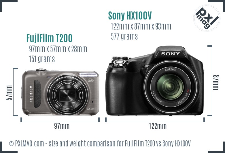 FujiFilm T200 vs Sony HX100V size comparison