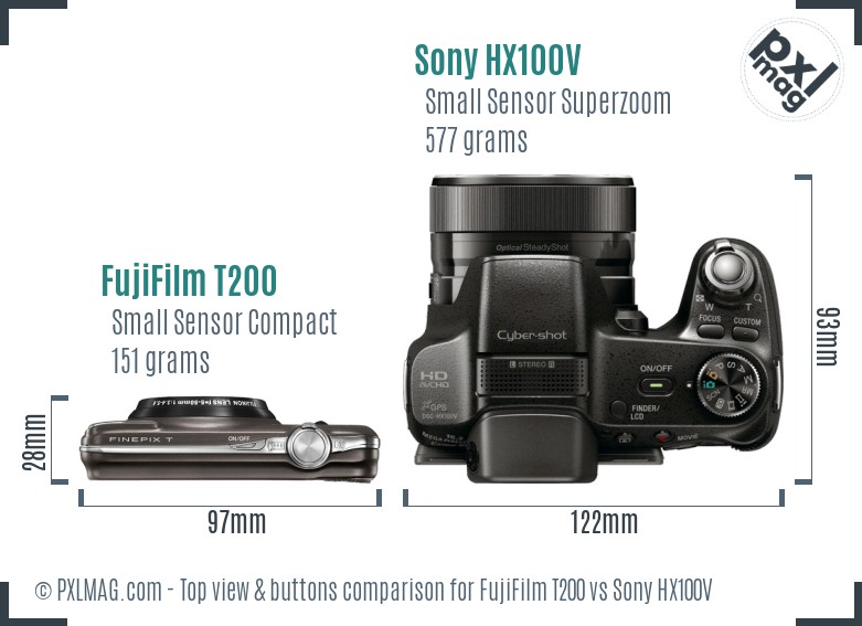 FujiFilm T200 vs Sony HX100V top view buttons comparison