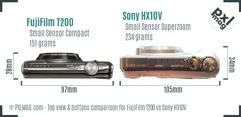 FujiFilm T200 vs Sony HX10V top view buttons comparison