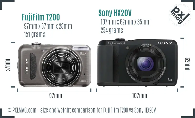 FujiFilm T200 vs Sony HX20V size comparison