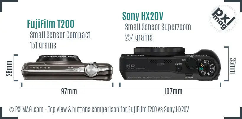 FujiFilm T200 vs Sony HX20V top view buttons comparison
