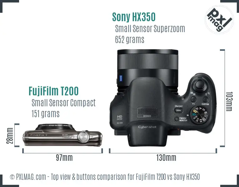 FujiFilm T200 vs Sony HX350 top view buttons comparison