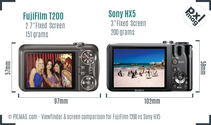 FujiFilm T200 vs Sony HX5 Screen and Viewfinder comparison
