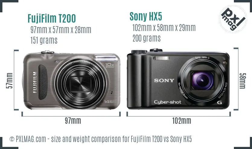 FujiFilm T200 vs Sony HX5 size comparison