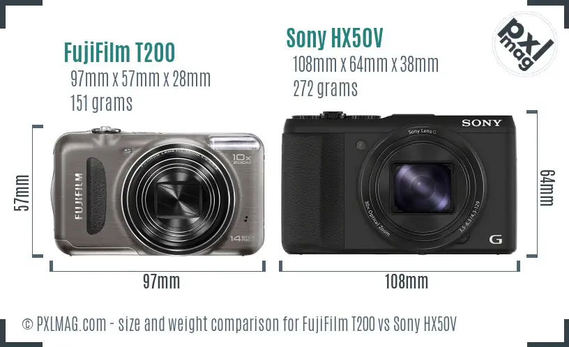 FujiFilm T200 vs Sony HX50V size comparison