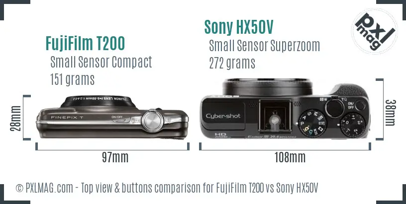 FujiFilm T200 vs Sony HX50V top view buttons comparison
