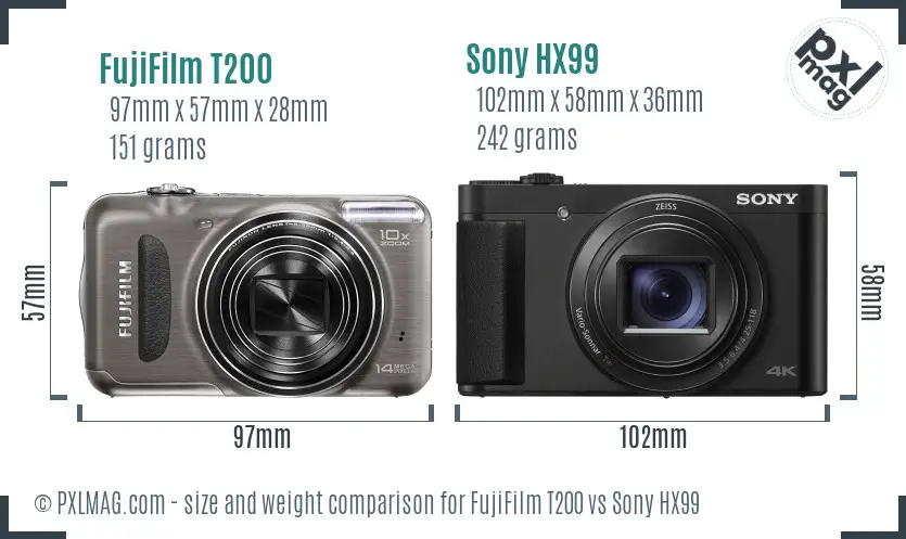 FujiFilm T200 vs Sony HX99 size comparison