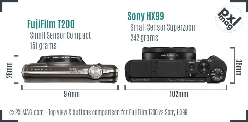 FujiFilm T200 vs Sony HX99 top view buttons comparison