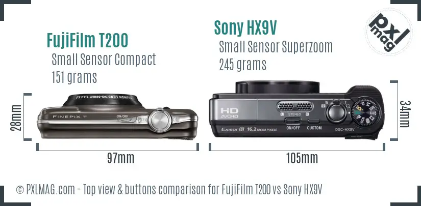 FujiFilm T200 vs Sony HX9V top view buttons comparison FujiFilm T200 vs Sony HX9V top view buttons comparison