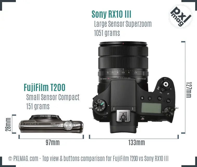 FujiFilm T200 vs Sony RX10 III top view buttons comparison FujiFilm T200 vs Sony RX10 III top view buttons comparison