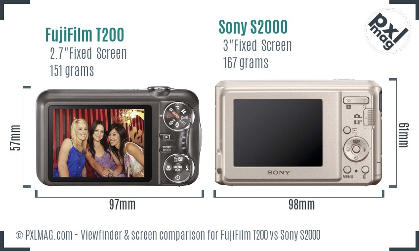 FujiFilm T200 vs Sony S2000 Screen and Viewfinder comparison