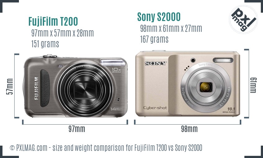 FujiFilm T200 vs Sony S2000 size comparison FujiFilm T200 vs Sony S2000 size comparison