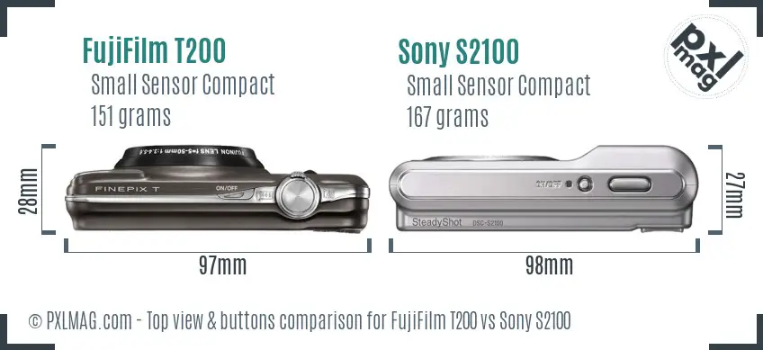 FujiFilm T200 vs Sony S2100 top view buttons comparison FujiFilm T200 vs Sony S2100 top view buttons comparison