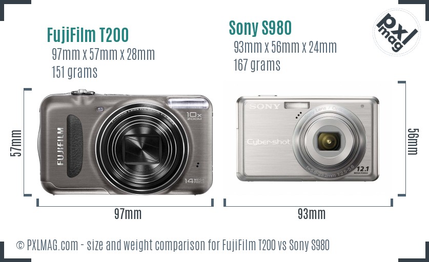 FujiFilm T200 vs Sony S980 size comparison