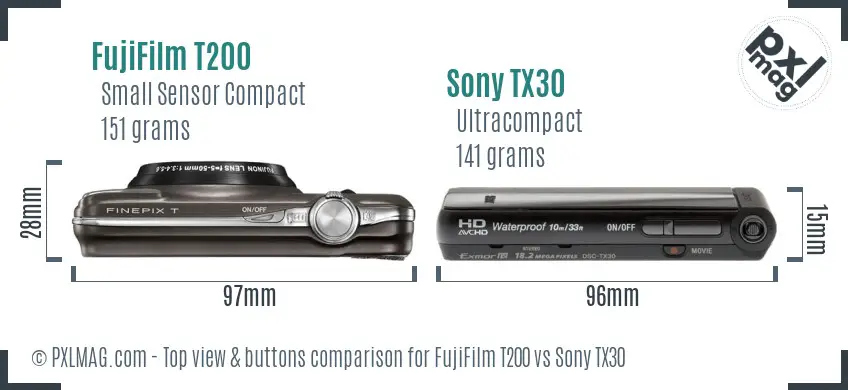 FujiFilm T200 vs Sony TX30 top view buttons comparison