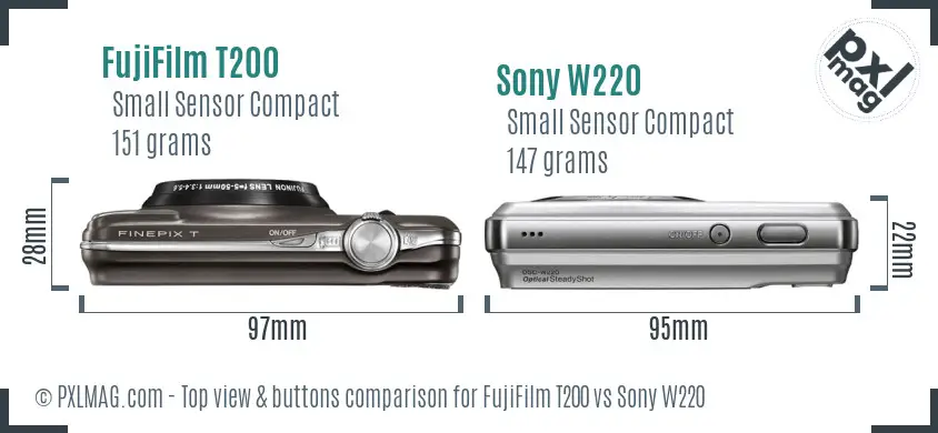 FujiFilm T200 vs Sony W220 top view buttons comparison