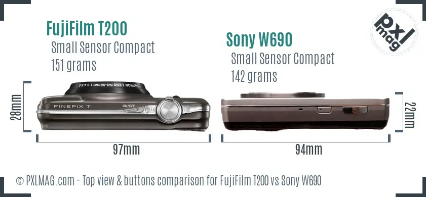 FujiFilm T200 vs Sony W690 top view buttons comparison