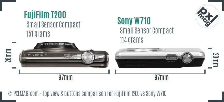 FujiFilm T200 vs Sony W710 top view buttons comparison