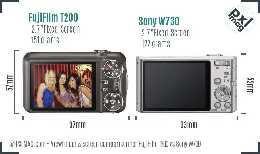 FujiFilm T200 vs Sony W730 Screen and Viewfinder comparison