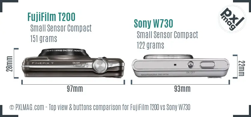 FujiFilm T200 vs Sony W730 top view buttons comparison