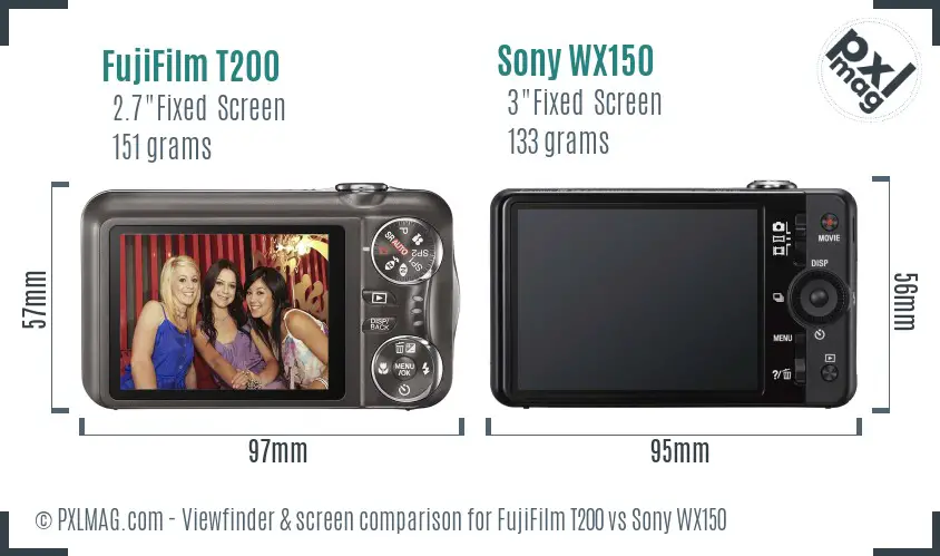 FujiFilm T200 vs Sony WX150 Screen and Viewfinder comparison