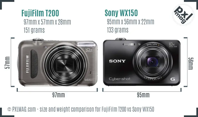 FujiFilm T200 vs Sony WX150 size comparison