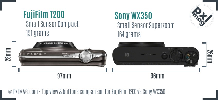FujiFilm T200 vs Sony WX350 top view buttons comparison
