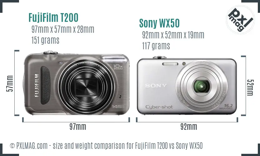 FujiFilm T200 vs Sony WX50 size comparison