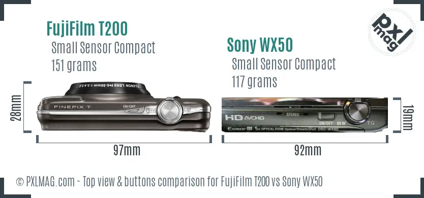 FujiFilm T200 vs Sony WX50 top view buttons comparison