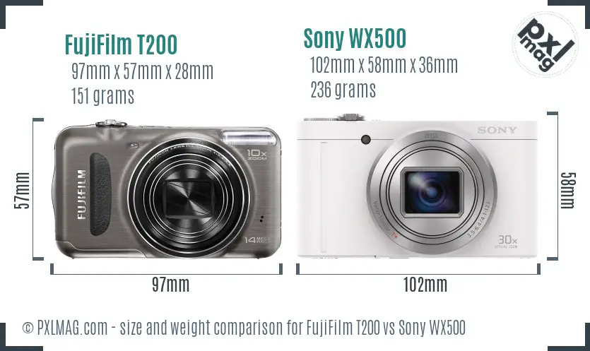 FujiFilm T200 vs Sony WX500 size comparison