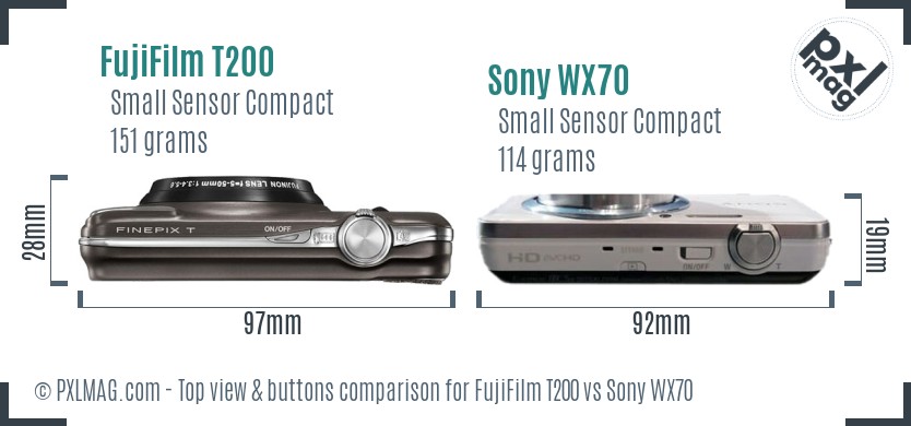 FujiFilm T200 vs Sony WX70 top view buttons comparison
