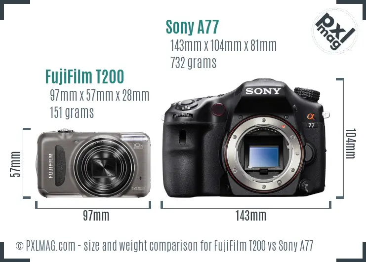 FujiFilm T200 vs Sony A77 size comparison FujiFilm T200 vs Sony A77 size comparison