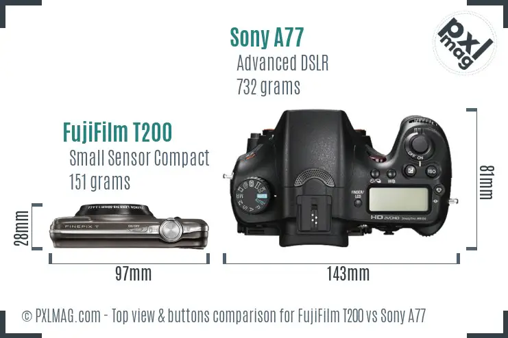 FujiFilm T200 vs Sony A77 top view buttons comparison FujiFilm T200 vs Sony A77 top view buttons comparison