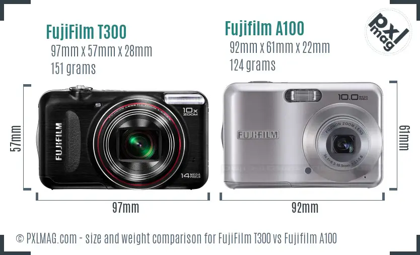 FujiFilm T300 vs Fujifilm A100 size comparison