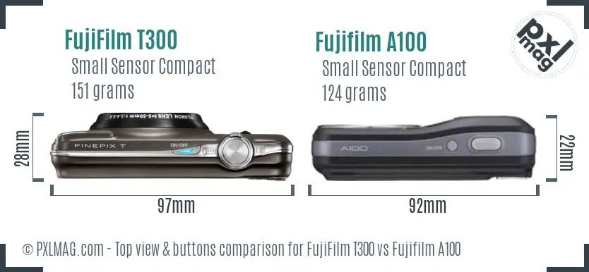 FujiFilm T300 vs Fujifilm A100 top view buttons comparison