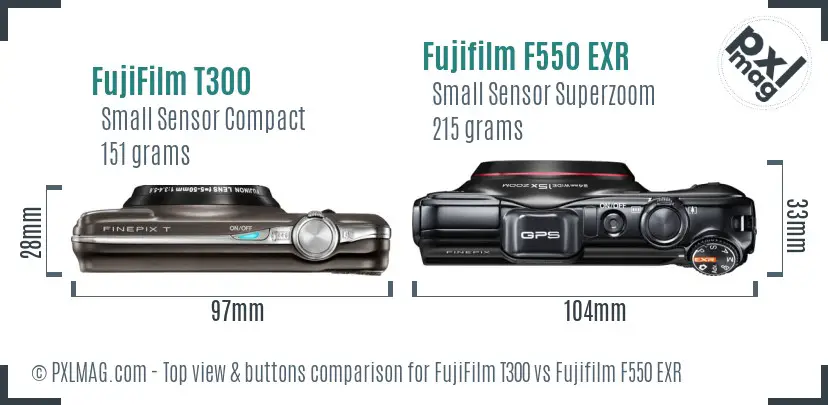 FujiFilm T300 vs Fujifilm F550 EXR top view buttons comparison FujiFilm T300 vs Fujifilm F550 EXR top view buttons comparison
