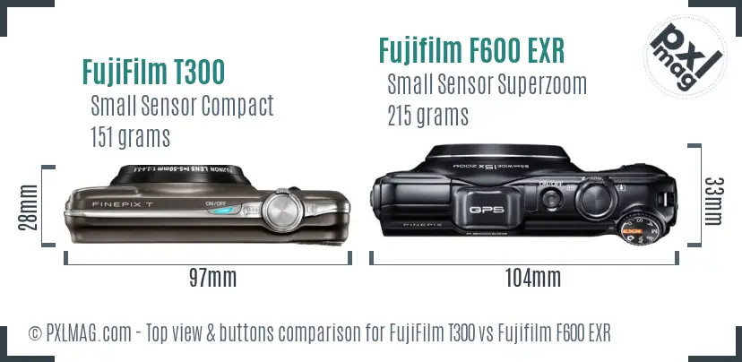 FujiFilm T300 vs Fujifilm F600 EXR top view buttons comparison FujiFilm T300 vs Fujifilm F600 EXR top view buttons comparison