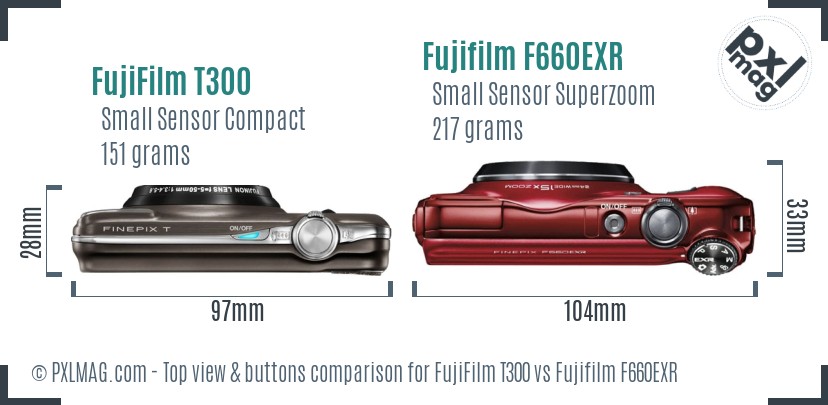 FujiFilm T300 vs Fujifilm F660EXR top view buttons comparison