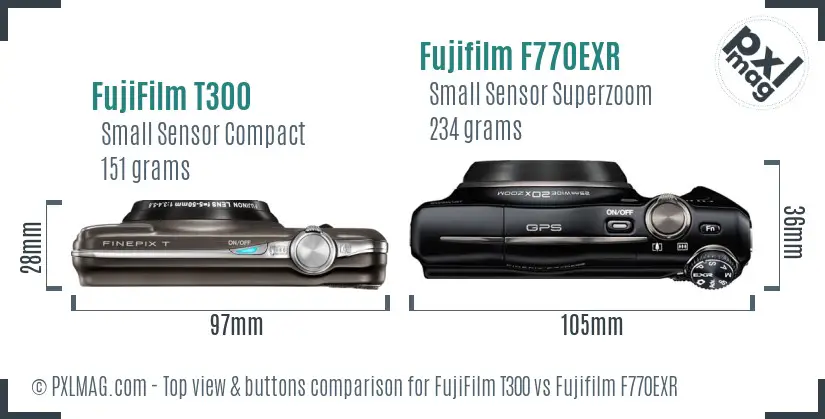 FujiFilm T300 vs Fujifilm F770EXR top view buttons comparison