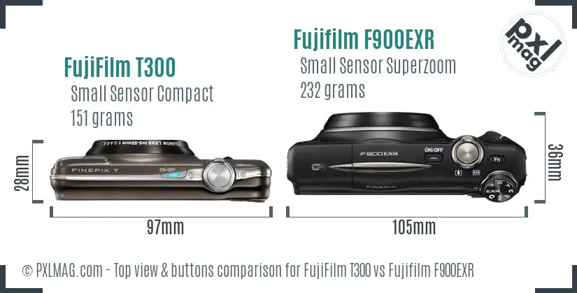 FujiFilm T300 vs Fujifilm F900EXR top view buttons comparison